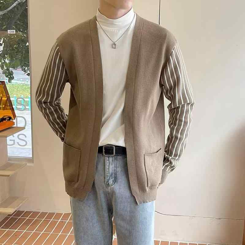 ニットカーディガン メンズ Vネック セーター 春秋 韓国 配色 リブ 伸縮性 スタイリッシュ カジュアル トップス ブラック グレー カーキ