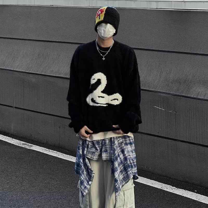 ニット メンズ セーター 長袖 トップス 秋冬 プルオーバー カットソー 丸首 リブ 伸縮性 ポリエステル混紡 黒 白(x2)