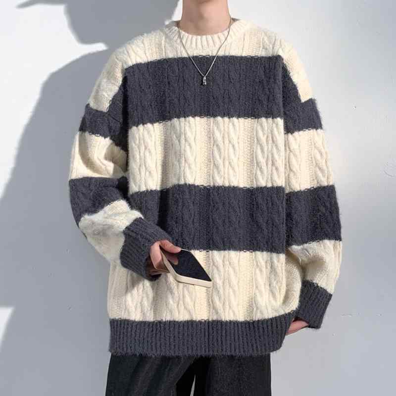 ニット メンズ 秋冬 クルーネック ボーダー ケーブル編み ゆったり 配色 プルオーバー ニット トップス グレー 黒 茶色