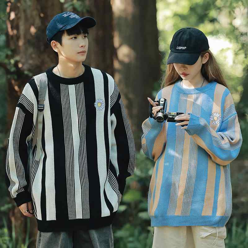 ニット メンズ 秋冬物 セーター トップス 雛菊 ストライプ柄 ラウンドネック プルオーバー 伸縮性 カジュアル スタイル 黒 青