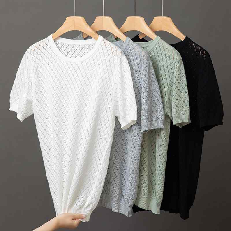 Rakuten - Tシャツ メンズ 男性用 半袖 コットン ニット トップス ラウンドネック 格子柄 薄手 接触冷感 伸縮性 通気性 普段使い 部屋着 ビジネス カジュアル 白 黒 グレー 緑