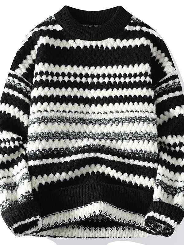 ニット メンズ セーター ラウンドネック 長袖 ルーズ 厚手 ライン 春秋 ポリエステル ブラック ブルー カーキ コーヒー色