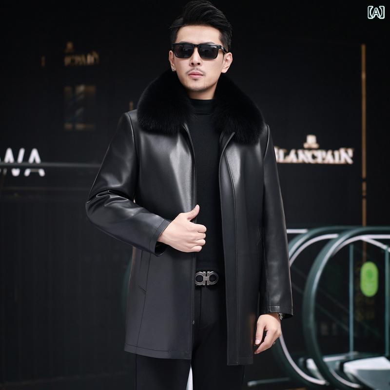 海 寧 皮 衣 ダウン ジャケット 男性 ビジネス カジュアル 狐 毛 襟 綿 シープスキンジャケット 厚手 コート 冬