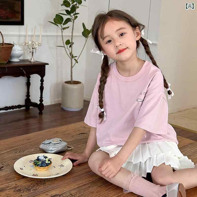女の子の tシャツの スカート 子供 服の 夏 子供の 半袖の 中で 大きい 小さい 女の子の 韓 範の ゆったり いる 背中の 蝶 結びの tシャツの ロング タイプ