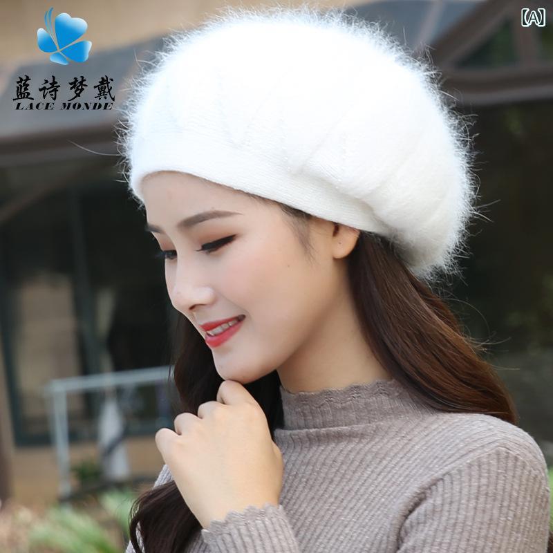 ニット帽 レディース 秋冬 韓国 兔毛 ベレー帽 あったか 防寒 二層 パール付き ブラック ホワイト ベージュ グレー