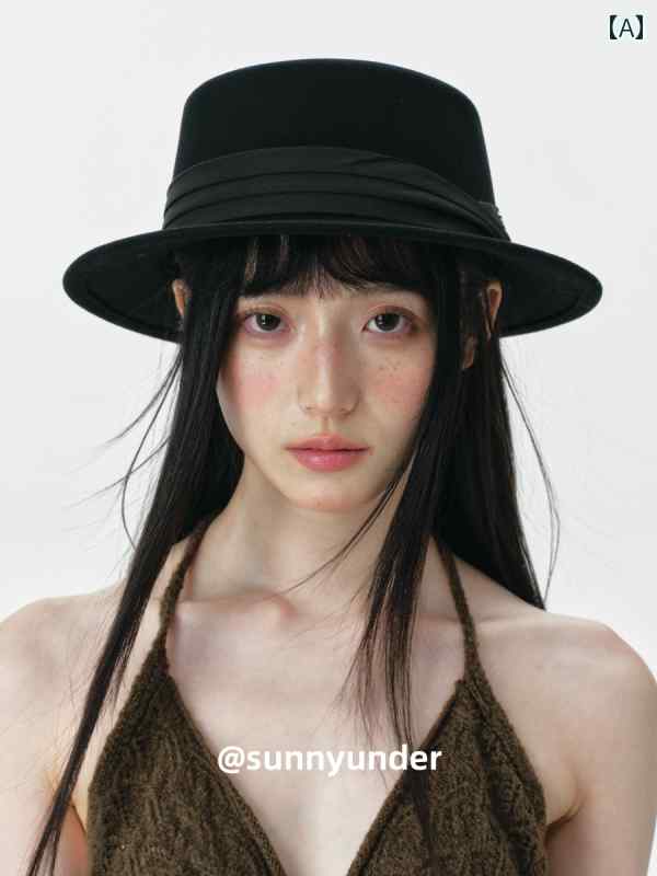 レトロ 黒 三つ 折り ウール フラット ハット 女性用 秋冬用 休暇用 英国 風.カラフルカラーオシャレシンプルスタイル