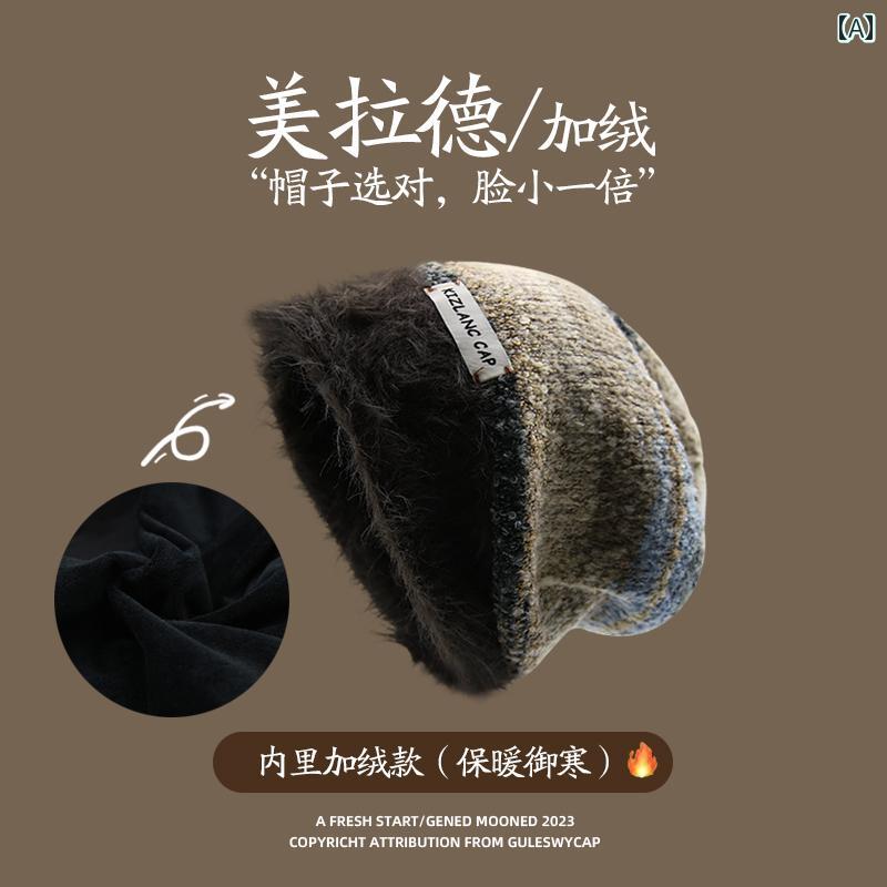 冬用 プラスベルベット 暖かい ニット パイル ハット 女性用 小 顔 保護 男性用 防寒・ レトロ ウール.カラフルカラーオシャレデザイン主な素材: -サイズ：フリーサイズ（56～59cm）柄: ストライプスタイル: ストリート対象者: 男女共用詳細: パッチ色の分類：グレー.アーミーグリーン.コーヒーブラウン発売日：冬軒の形状：-適用季節：春.秋.冬適用シナリオ: ショッピング対象者：ティーンエイジャー.カップル.帽子のスタイル：ハイトップスタイル: ウール帽子/ニット帽つばのスタイル: つばなし