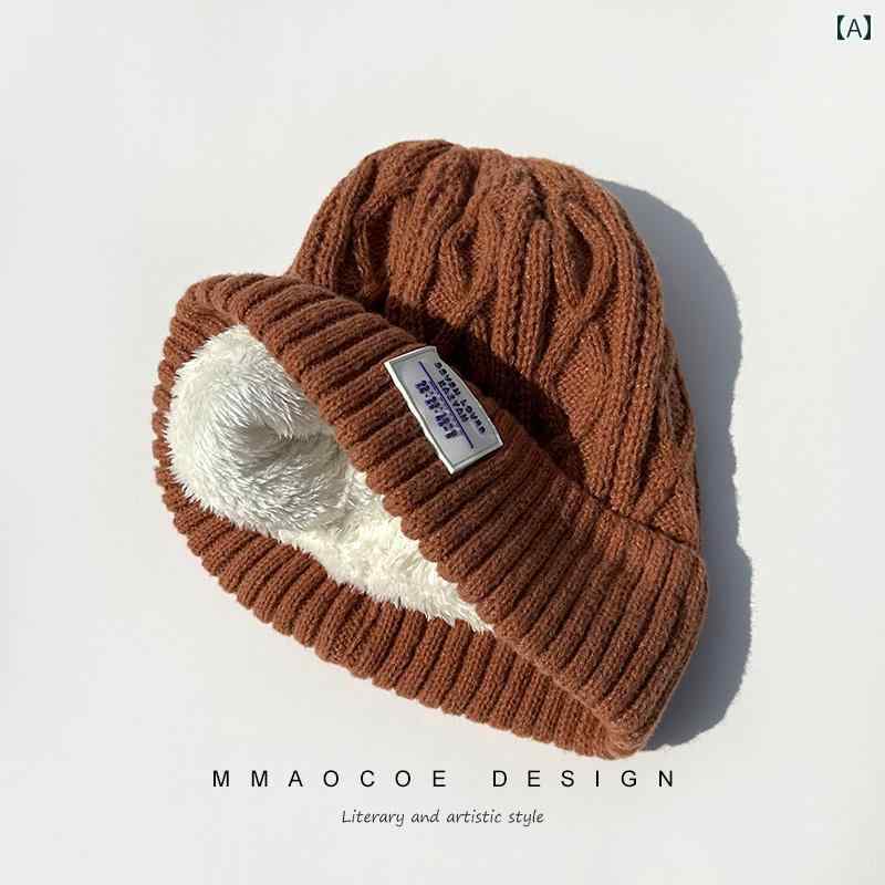 Cap, Hat - ふわふわ ニット帽 レディース 冬 厚手 暖かい サイクリング 防寒 耳 保護 帽子 韓国 レター ウール メンズ.オシャレ