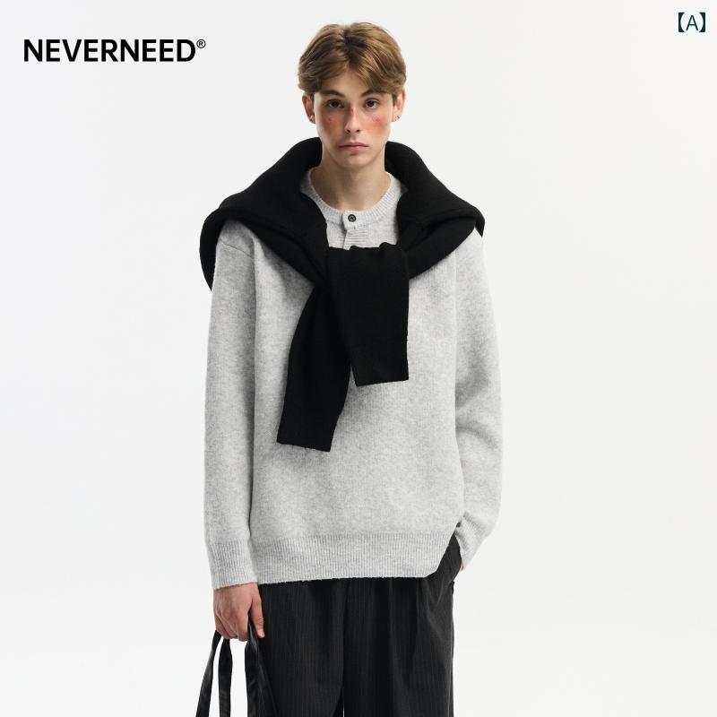 ヘンリー カラー プルオーバー セーター メンズ 秋冬 アメリカン スタイル シープ ウール ニット ジャ..