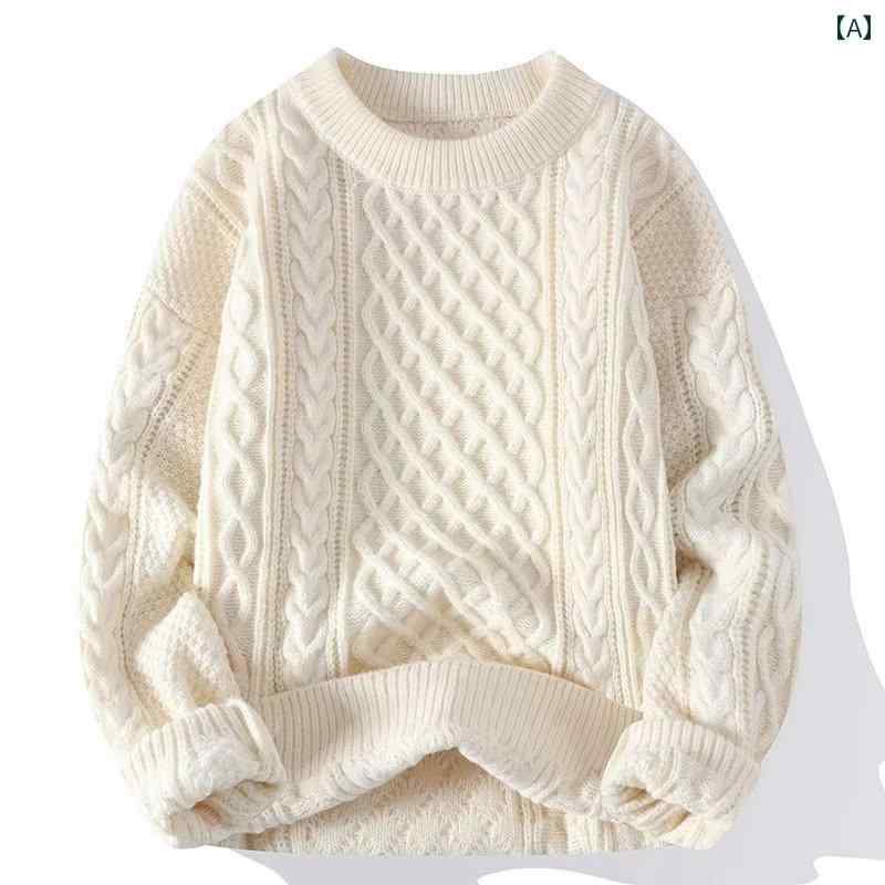 日本の ケーブル ニット セーター メンズ 秋冬 無地 ラウンドネック シンプル 厚手 ウール.カラフルカラーオシャレ(4)