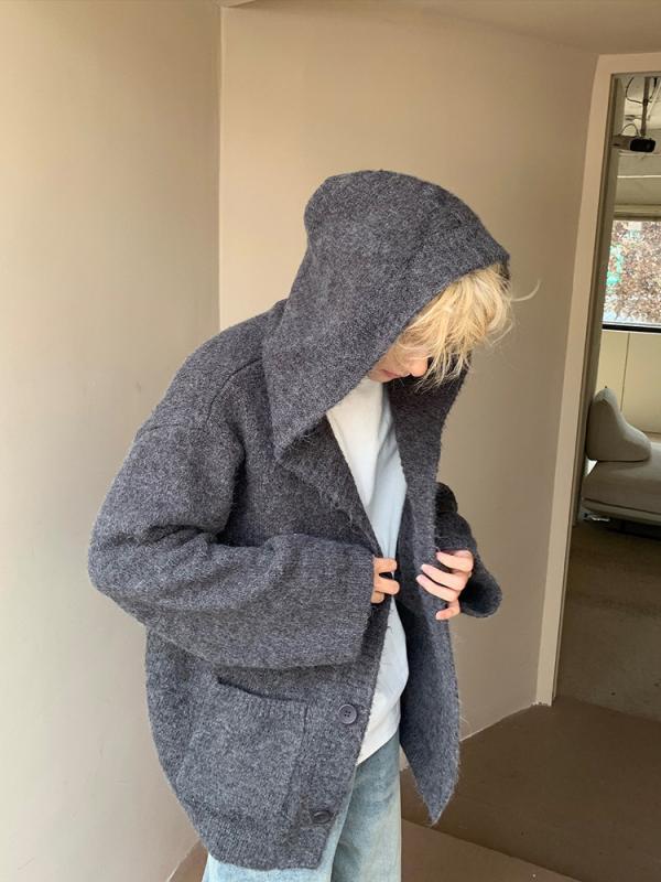 ニット メンズ パーカー 秋冬 長袖 カーディガン トップス アウター グレー ゆったり カジュアル