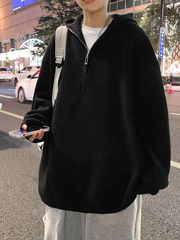 ニット メンズ パーカー ストリート系 コットン混紡 リブ編み プルオーバー 若者 グレー 黒 驼色 秋冬