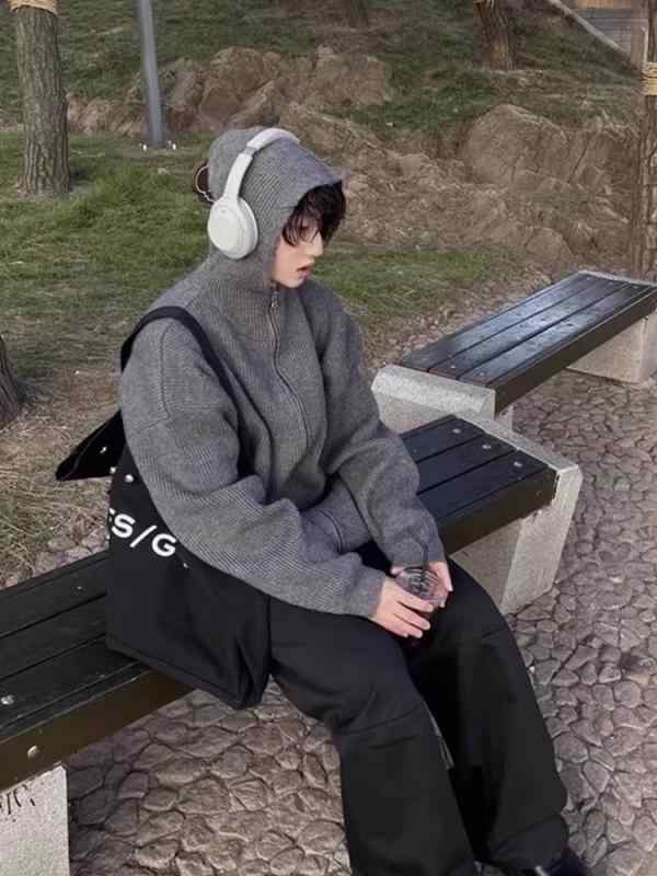 ニット カーディガン メンズ 秋冬 ゆるカワ utes 通勤 部屋着 ポリエステル グレー