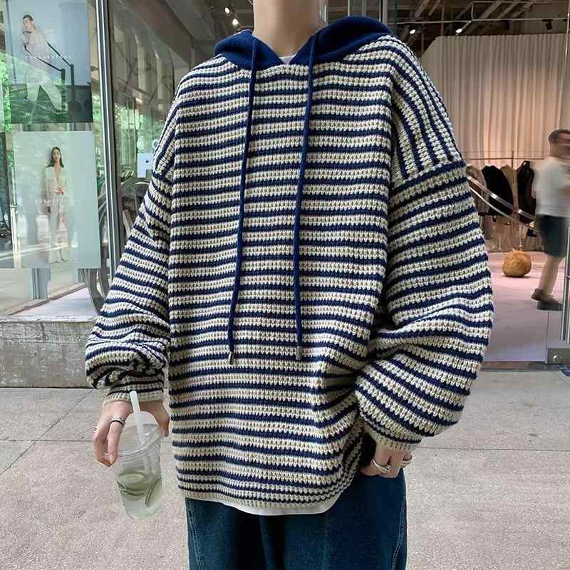 ニット メンズ パーカー 秋冬 リブ ボーダー フード付き プルオーバー ポリエステル混紡 ゆったり ブラック イエロー