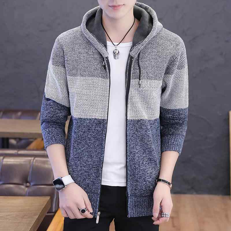 ニットカーディガン メンズ 裏起毛 長袖 配色 ジップアップ 暖かい 厚手 秋冬 普段使い 部屋着 トップス 上深グレー 上浅グレー 上藏青