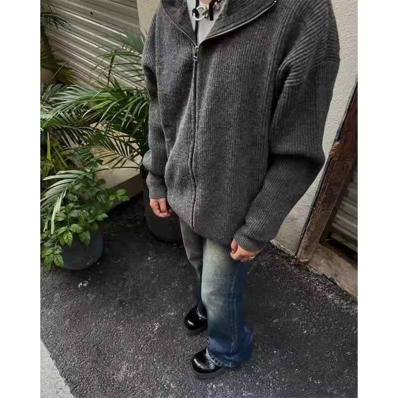 ニット メンズ カーディガン 春秋 连帽 グレー 厚手 リブ裾 ゆったりサイズ ポリエステル