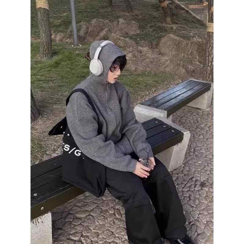 カーディガン メンズ ニット 秋冬 グレー ルーズ ゆったり フード付き 長袖 トップス 日系 复古 スタイル