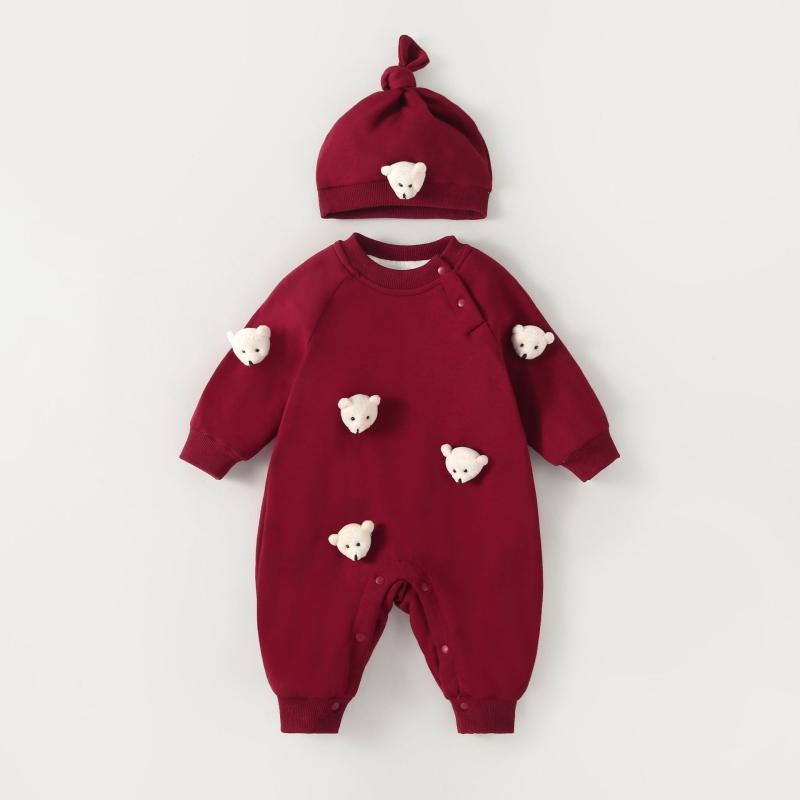 ベビー 冬用お出かけ着 長袖ロンパース 厚手 裏起毛 コットン 秋冬 あったか 新生児 乳幼児 男女兼用 クマ耳 フード付き 杏色 ワインレッド 59cm 66cm 73cm 80cm