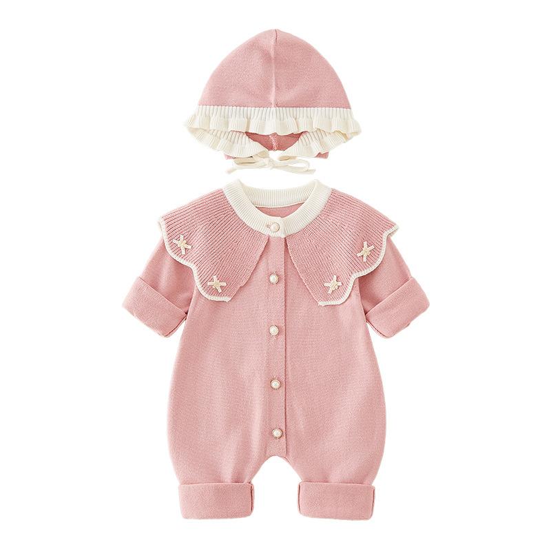 ベビー服 ニットロンパース 春秋 新生児 女の子 刺繍 帽子付き 綿 ポリエステル かわいい ベージュ ピンク 赤 66cm 73cm 80cm 90cm