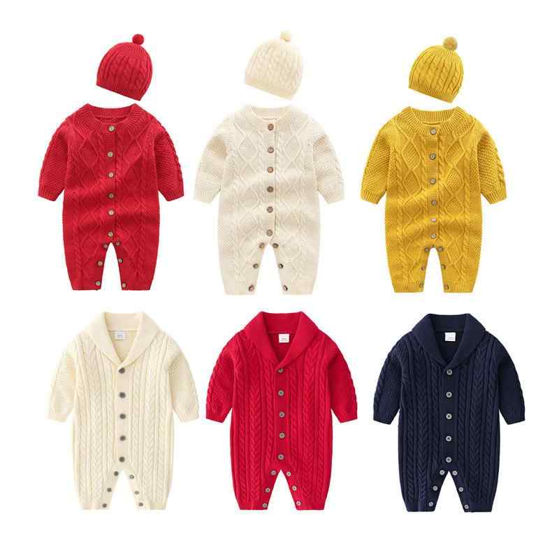 カバーオール ベビー服 秋冬 コットン ニット ロンパース 長袖 男女兼用 新生児 赤ちゃん 乳幼児 綿 青果襟 ハット 帽子付き 59 66 73 80 90 100 紺色 ベージュ 赤(x2)