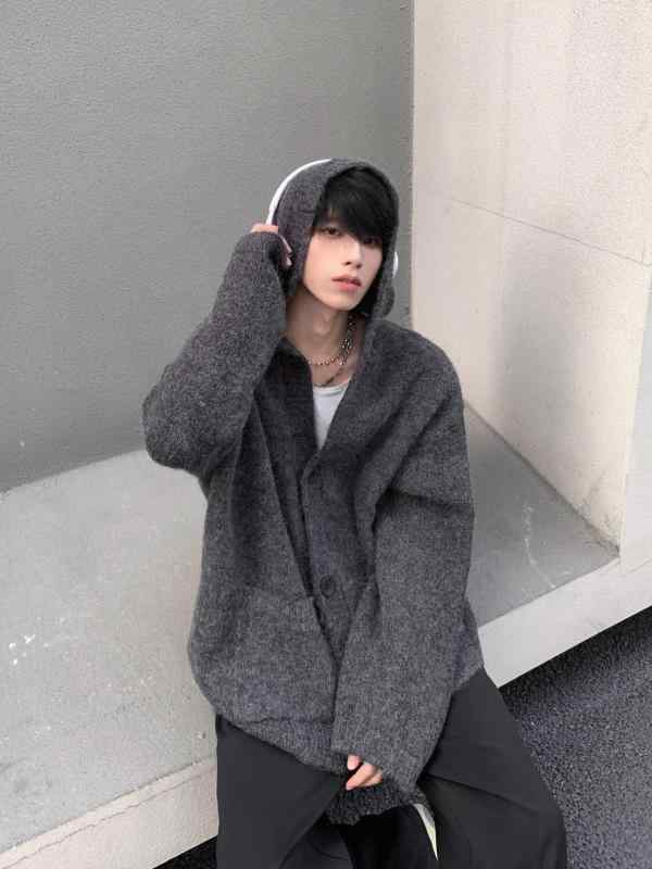 ニットカーディガン メンズ 男性用 秋冬 韓国 フード付き ポリエステル 長袖 ルーズ グレー