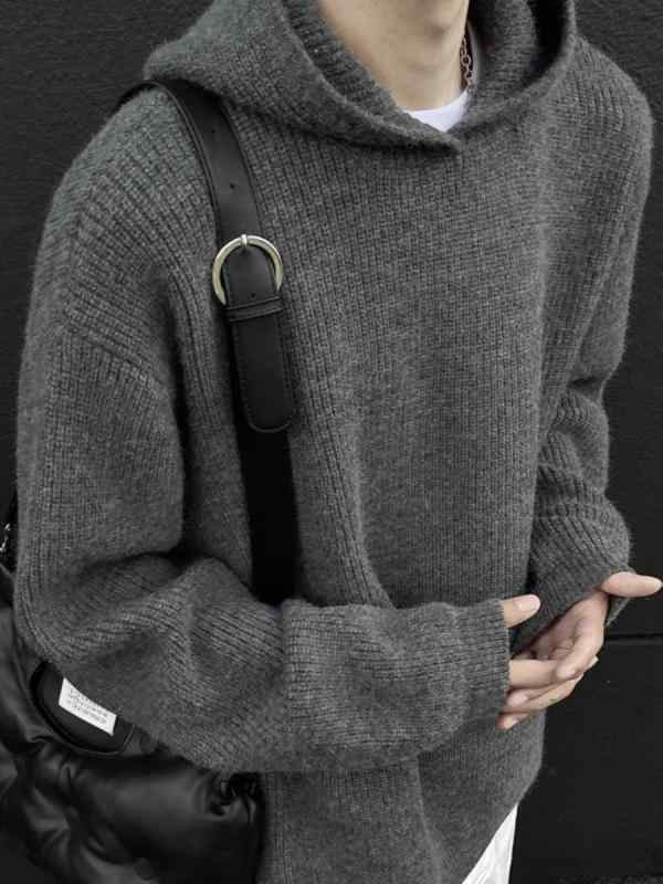 ニット メンズ 男性用 プルオーバー パーカー 秋冬 グレー ポリエステル 長袖 普段使い ルームウェア