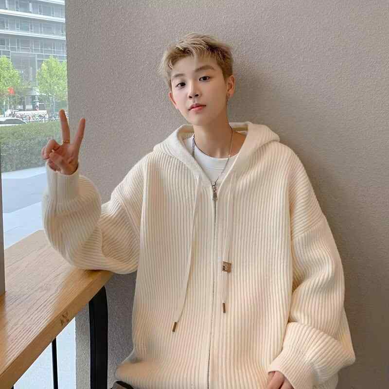 ニットカーディガン メンズ 秋冬物 フード付き ジャケット ブルゾン プルオーバー 長袖 無地 ポリエステル 普段使い 部屋着 リラックスウェア ブラック グレー ベージュ