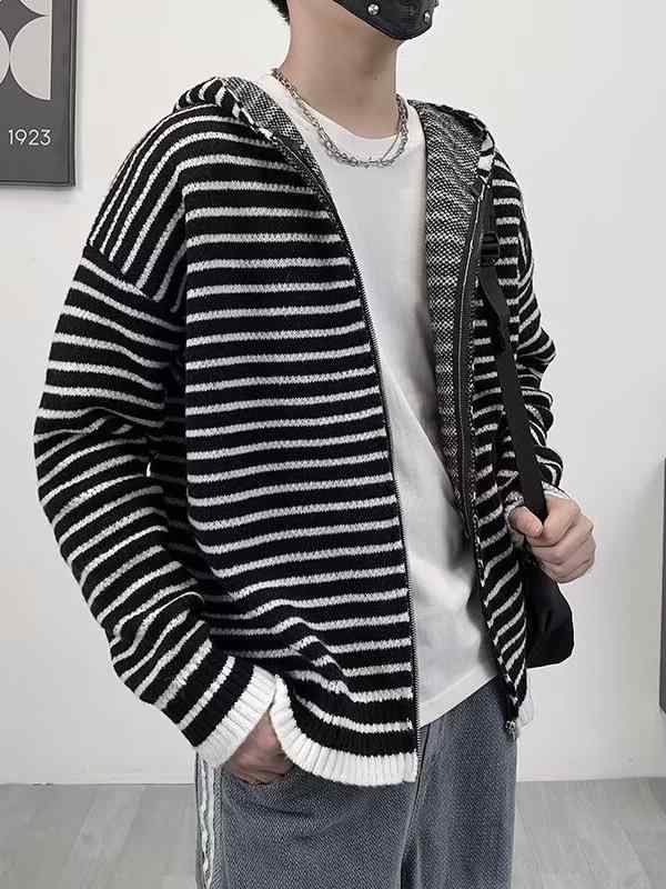 カーディガン メンズ 秋冬 ストライプ ニット アウター 配色 パーカー 長袖 ゆったりサイズ 普段使い ..