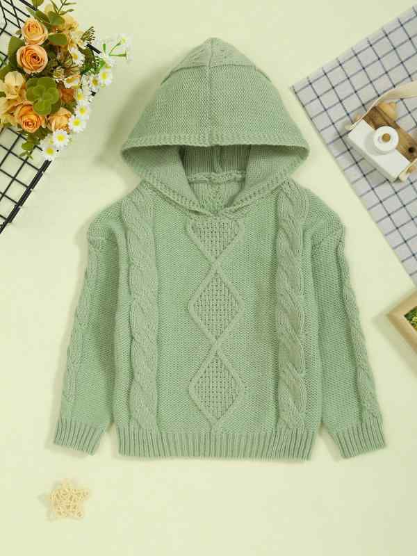 ニット キッズ 男の子 ケーブル編み 無地 フード付き セーター 黄緑