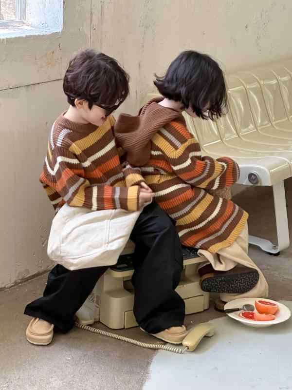 ニット キッズ 秋物 韓国 カラフル ストライプ パーカー ワンピース 子供服 長袖 普段着 部屋着 伸縮性..