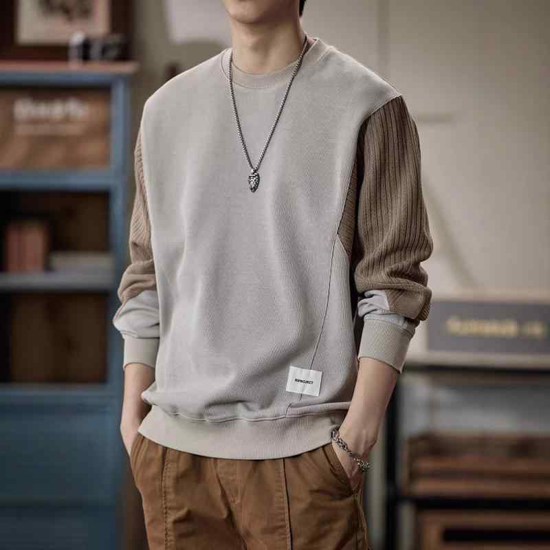 スウェット メンズ 春秋 薄手 おしゃれ トップス 長袖 プルオーバー カットソー 丸首 コットン混紡 ゆったり 杏色 グレー ブラック