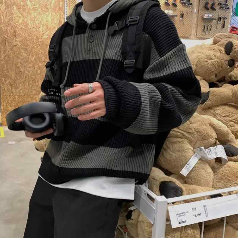 2個セットニット メンズ 長袖 プルオーバー パーカー 秋冬 韓国 配色 ゆったり 10代 20代 普段使い