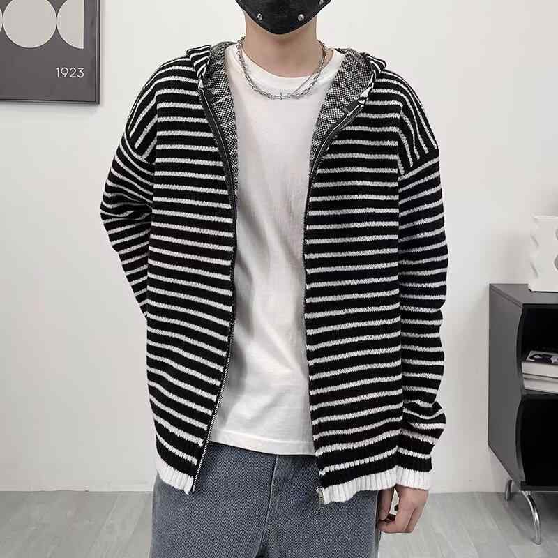 カーディガン メンズ 秋冬 ストライプ柄 フード付き 配色 ニット ジップアップ トップス 学生 カジュア..