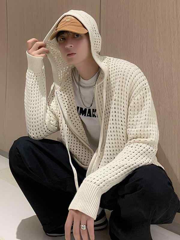 ニット カーディガン メンズ パーカー オーバーサイズ ルーズシルエット 長袖 接触冷感 ポリエステル ..