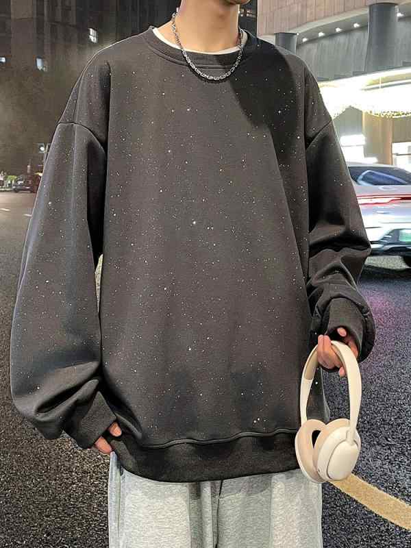 スウェット メンズ 春秋 無地 ラウンドネック プルオーバー トップス カットソー 長袖 ポリエステル 普段使い ルームウェア ブラック グレー ブルー