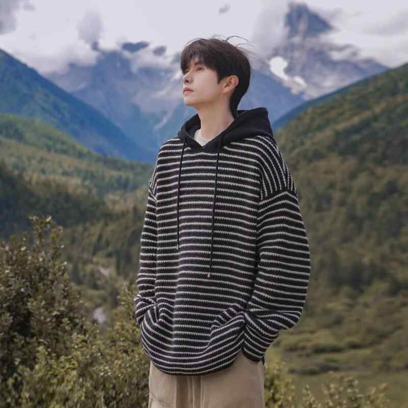 ニット メンズ ニットパーカー プルオーバー 長袖 ボーダー柄 ゆったり リラックス 普段使い 秋冬 ブラック ブルー系