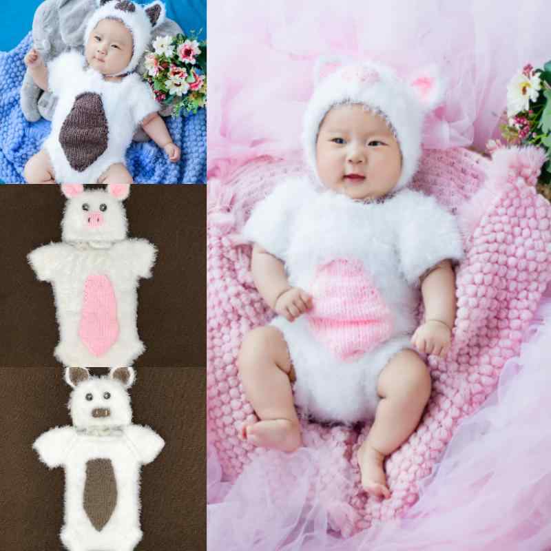 ベビー コスチューム 写真撮影用 新生児 満月 百日祝い 小ブタ ニット帽 春夏秋冬 ピンク コーヒー色