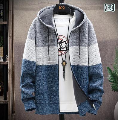 LINEAR shopのニットカーディガン メンズ 男性用 裏起毛 グラデーション 配色 フード付き コットン混紡 厚手 秋冬 暖かい 羽織り リラックス ルームウェア M L XL 2XL 3XL 4XL｜アングル2