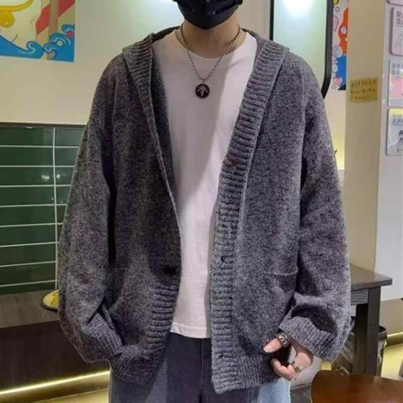 カーディガン メンズ 男性用 ニット カーディガン 秋冬 グレー ポリエステル 混紡 ゆったり 羽織り トップス 配色