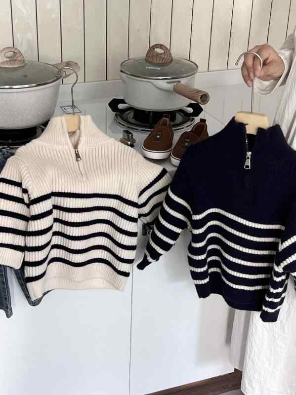 子供服 ニット ボーイズ ガールズ ストライプ ジップアップ カーディガン トップス 秋冬 長袖 男の子 ..