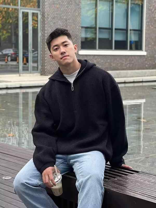 ニット メンズ ルーズ 無地 プルオーバー パーカー リブ 裾 ポリエステル混紡 黒 ブラック グレー キャ..