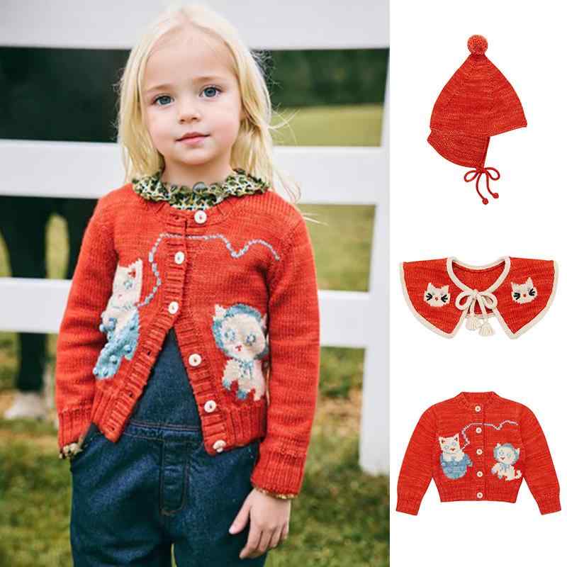 子供用ニット 秋冬 猫咪刺繍 カーディガン 帽子 围脖 3点セット 復古 ヨーロピアン