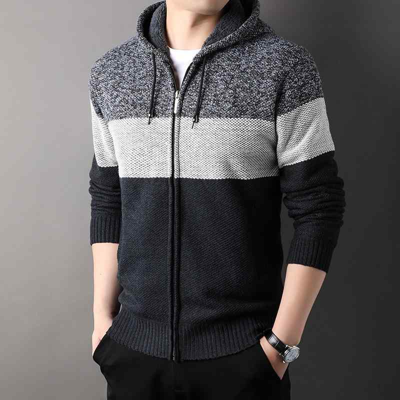 ニット カーディガン メンズ 秋冬 加厚 フード付き ニット アウター 保温 毛糸 混紡 紺 ワインレッド ..