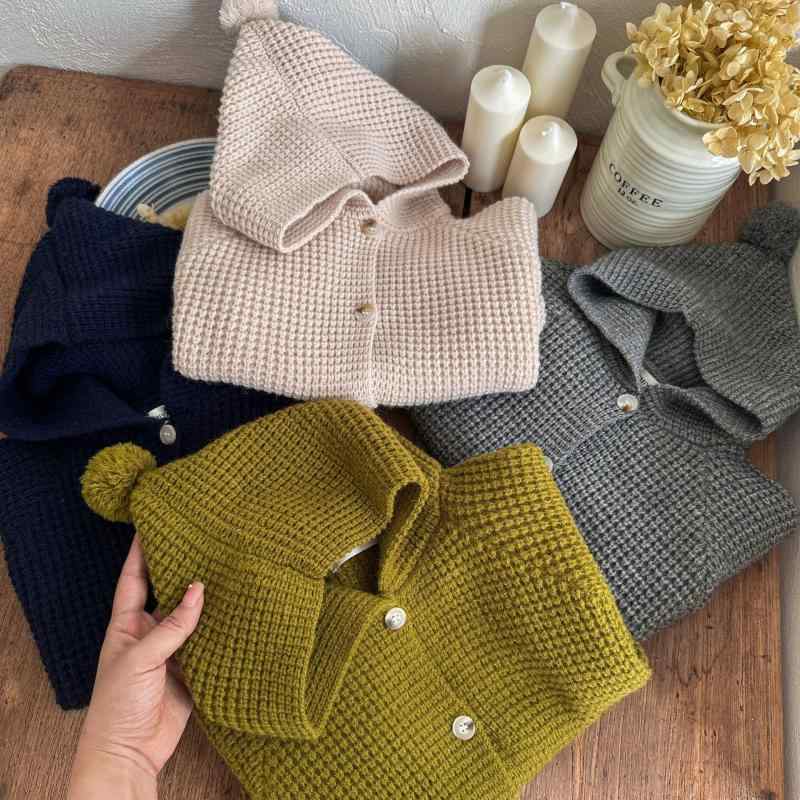 子供服 ニット 男女兼用 無地 フード付き カーディガン ベビー ニット 綿 長袖 薄手 襟付き セーター トップス 普段着 韓国 秋冬 グレー ベージュ ネイビー
