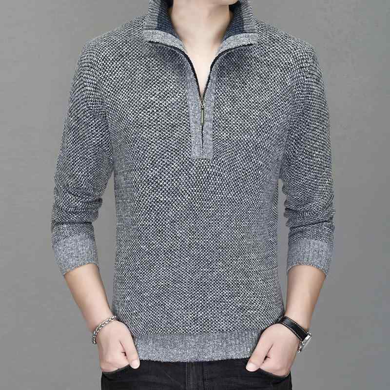 ニット カーディガン メンズ 秋冬 裏起毛 厚手 ニット トップス 無地 ハーフジップ 長袖 リブ 浅グレー 深グレー 赤 青 コーヒー色