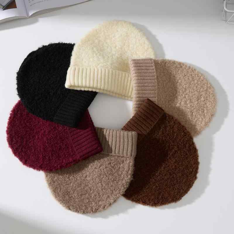 ニット帽 秋冬 男女兼用 ウール 羊毛 パイル刺繍 無地 黒 ブラック ベージュ カーキ ブラウン ワインレッド あったか 防寒 暖かい(x2)