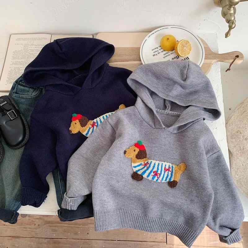 ニット キッズ 男の子 かわいい子犬柄 フード付き セーター トップス 秋冬 カジュアル 普段使い 90 100 110 120 130 140 グレー 紺色(x2)