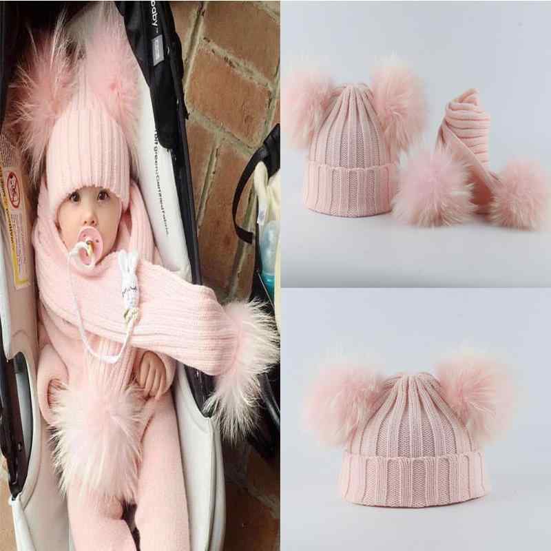 帽子 子供用 ニット帽 マフラー セット ベビー キッズ ラクーンファー ポンポン付き ボーダー柄 2歳 3歳 4歳 ブラック ホワイト グレー..