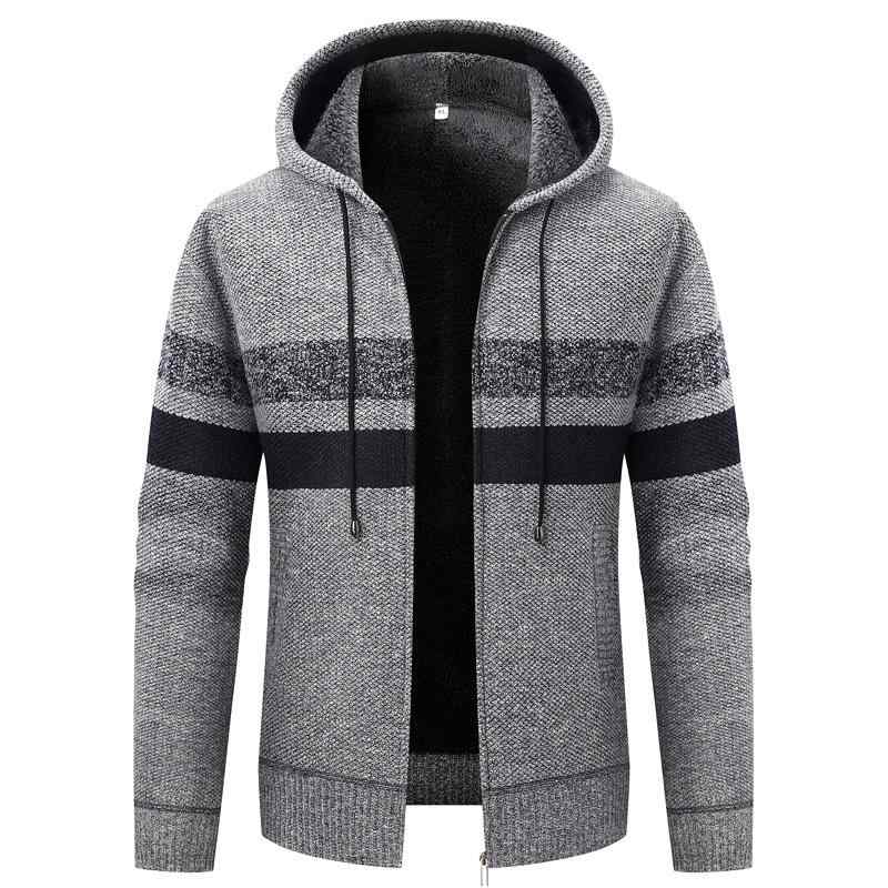 Inner Wear - ニット カーディガン メンズ 男性用 長袖 裏起毛 ストライプ フード付き 暖かい 防寒 秋冬 ポリエステル 杢グレー チャコール レッド ネイビー