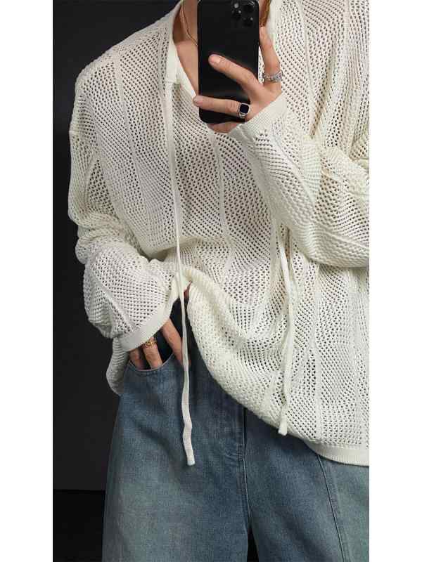 ニット メンズ ルーズ 長袖 トップス 秋冬 ケーブル編み パーカー風 ミディアム丈 プルオーバー カット..